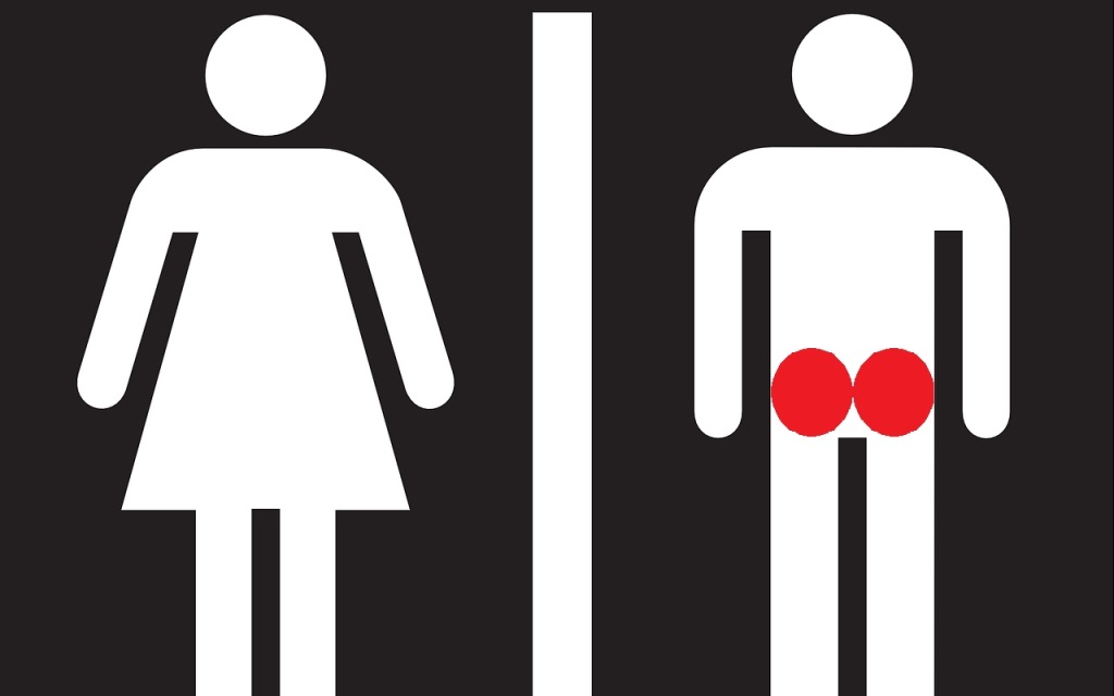 Weißes WC-Schild vor einem schwarzen Hintergrund. Links die Damentoilette, rechts die Männertoilette, bei der beim Männchen ein roter Hintern abgebildet ist.